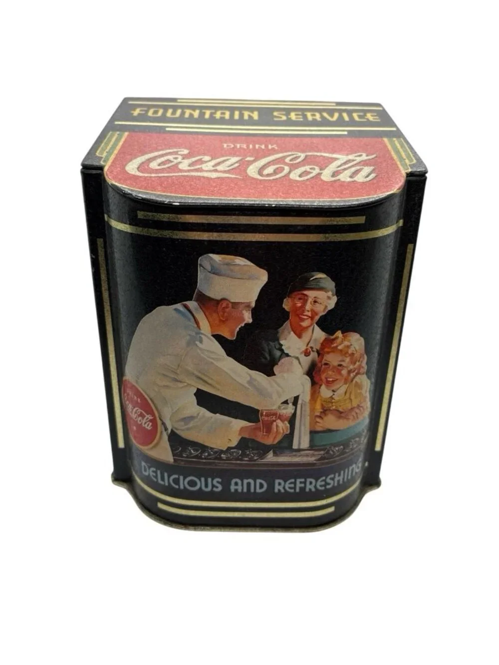 Vintage Coca Cola Fountain Service Tin Hinged Lid Bristolware 1995 Canister